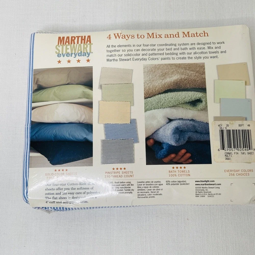 Martha Stewart Everyday Sheet Cornflower Blue Pinstripe Twin Flat 230 Count NOS